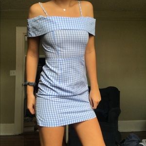 Blue Off Shoulder Gingham Dress